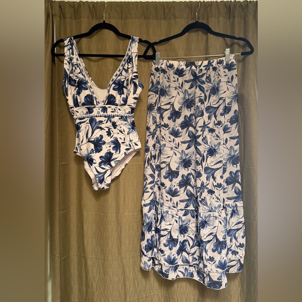 Blue Floral One Piece Swimsuit w/ Skirt